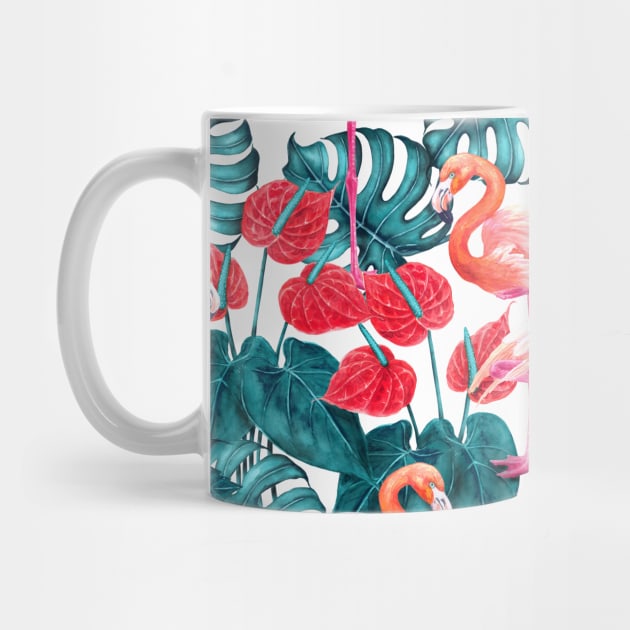 Flamingo birds and tropical garden watercolor by katerinamk